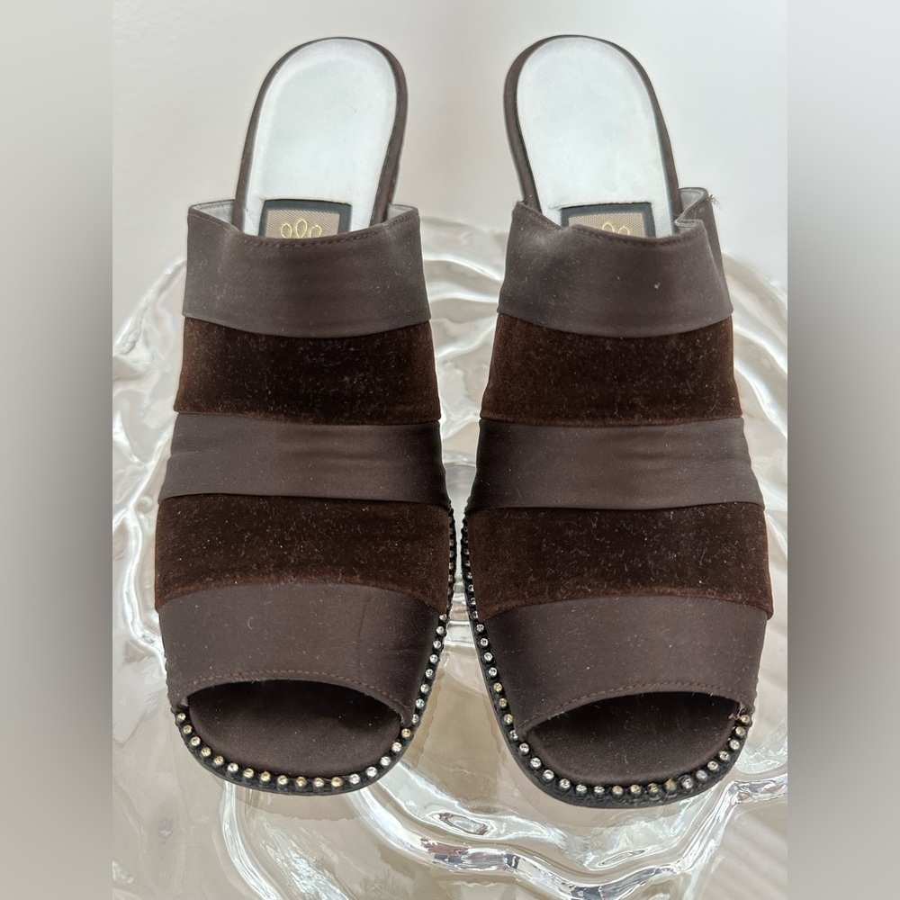 Nina Brown Satin/Velour Strip Shoe, Size 8 1/2.